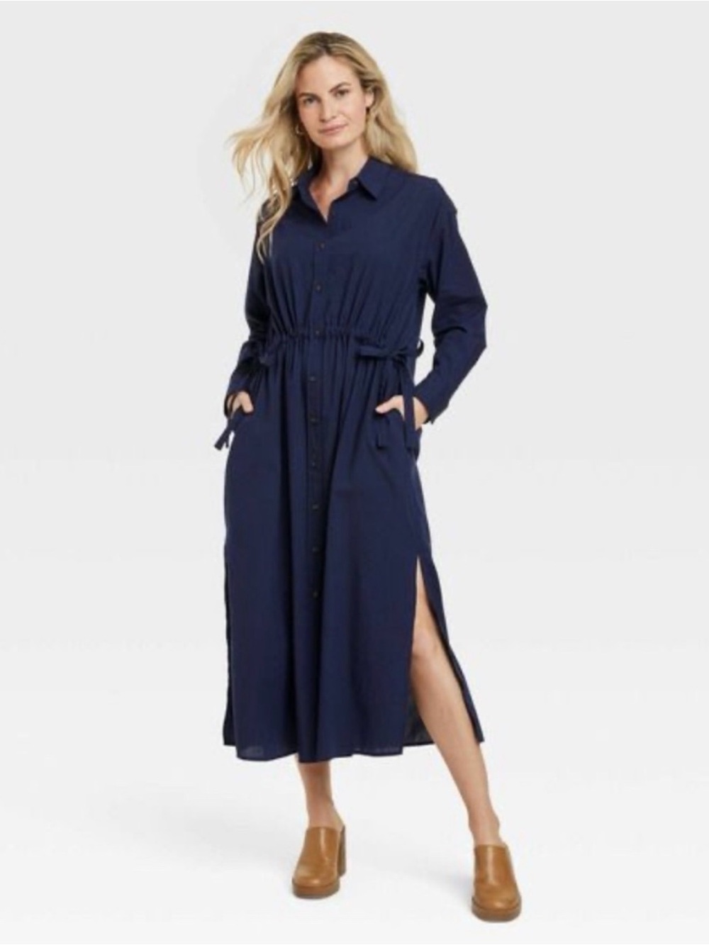 Universal Thread Navy Blue Casual Long-Sleeve Button-Front Maxi Shirt Dress XL